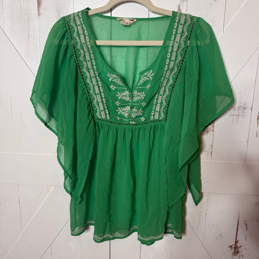 Flying Tomato Green Embroidered V Neck Tunic